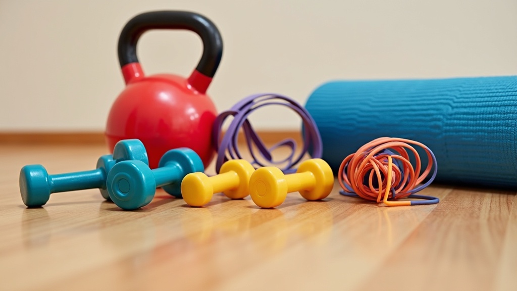 Colorful exercise equipment such as dumbbells, resistance bands, and a yoga mat on a gym floor