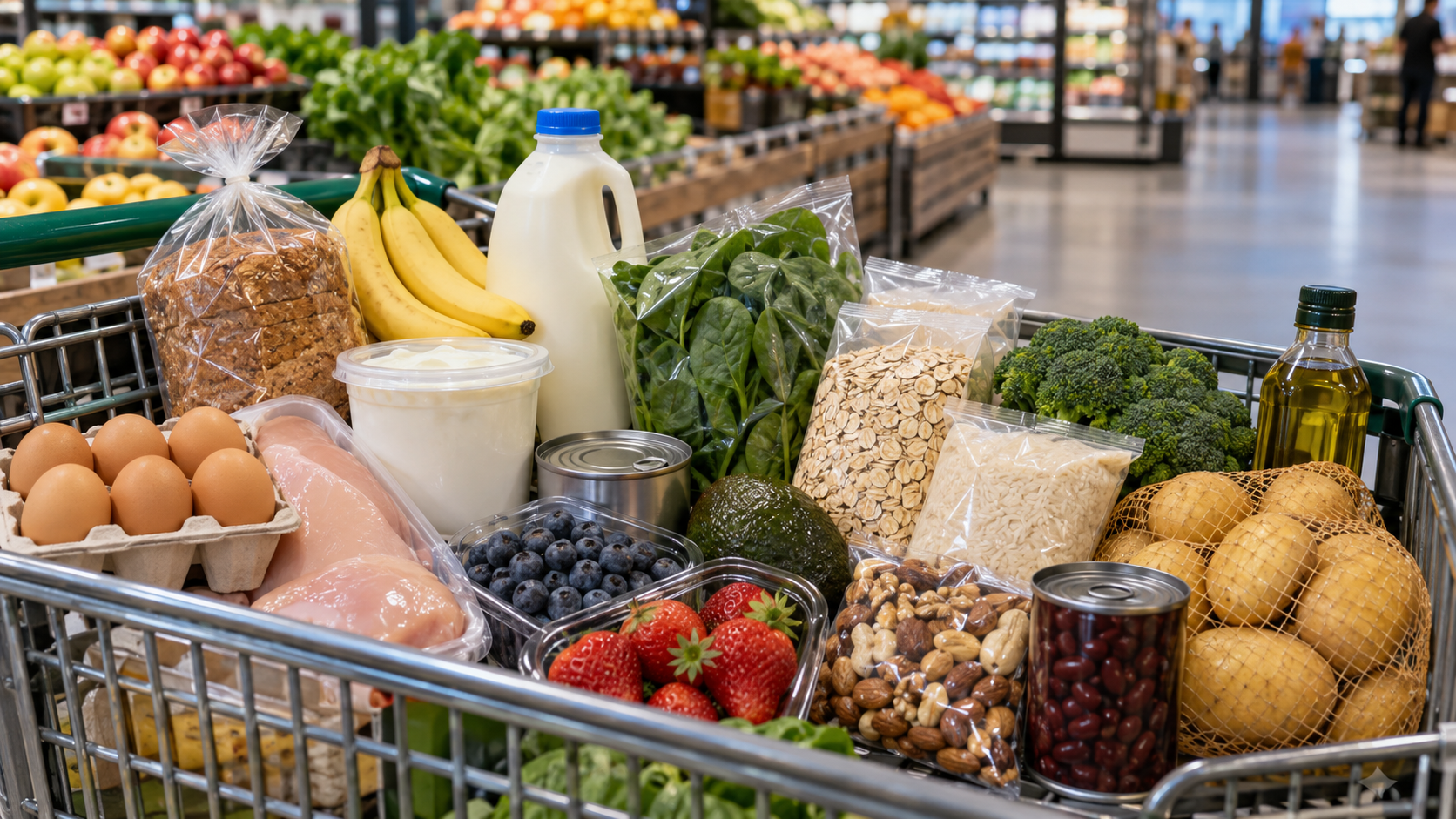 Muscle building nutrition guide for beginners showing a grocery cart with protein foods, carbohydrates, fruits, vegetables, and healthy fats.