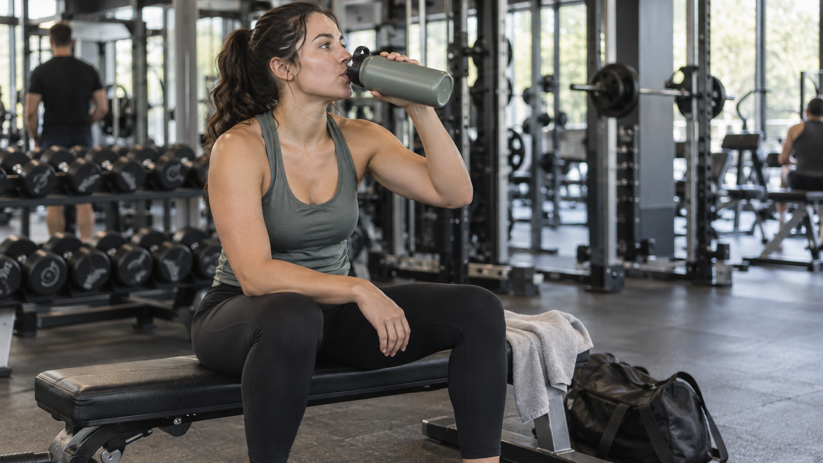 Muscle building nutrition guide for beginners showing a recreational lifter staying hydrated during resistance training.