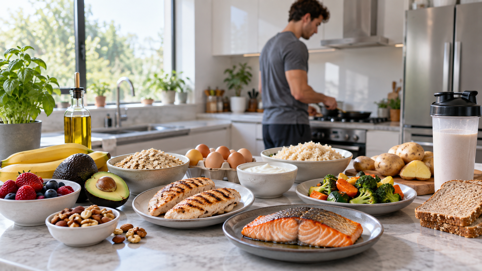 Muscle building nutrition guide for beginners with balanced protein, carbohydrates, healthy fats, fruits, and vegetables.