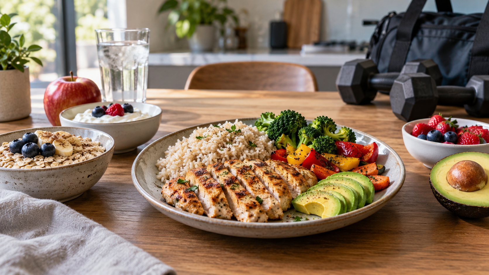 Muscle building nutrition guide for beginners showing balanced meals that support resistance training and recovery.