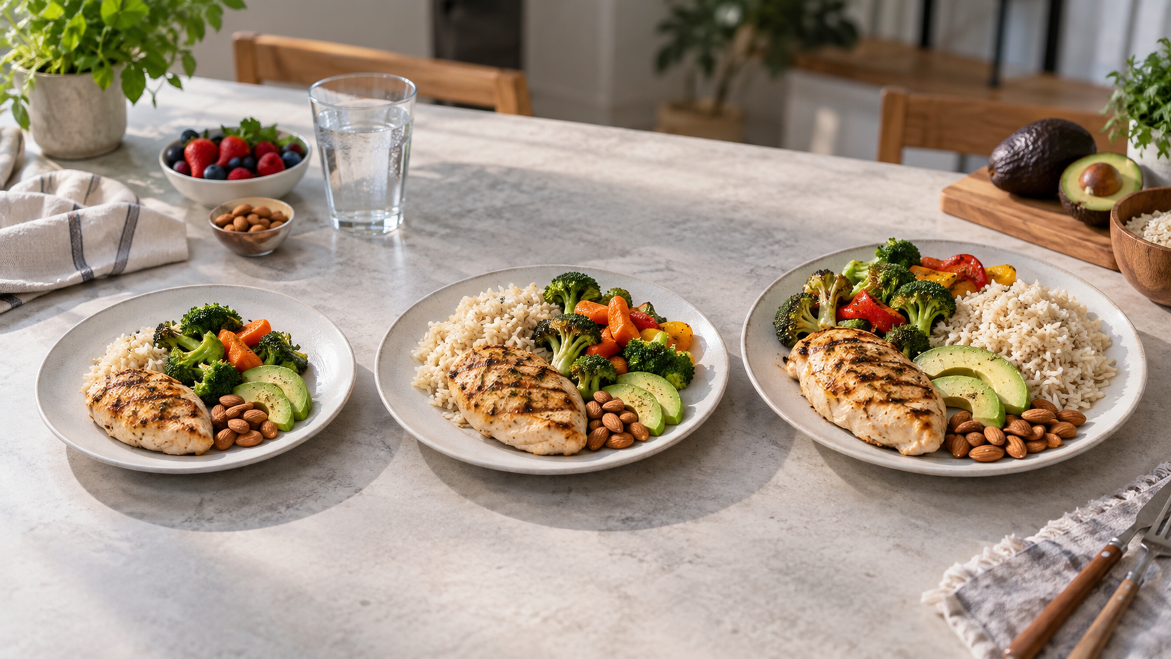 Muscle building nutrition guide for beginners showing different balanced meal portions for calorie deficit, maintenance, and surplus goals.