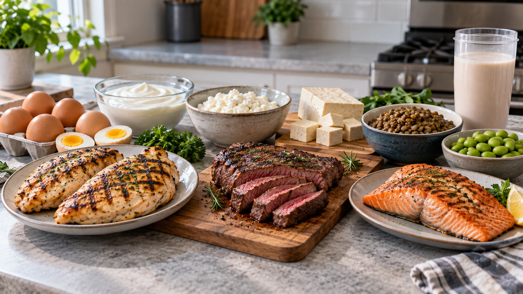 Muscle building nutrition guide for beginners showing high-protein foods including chicken, fish, eggs, yogurt, tofu, and lentils.