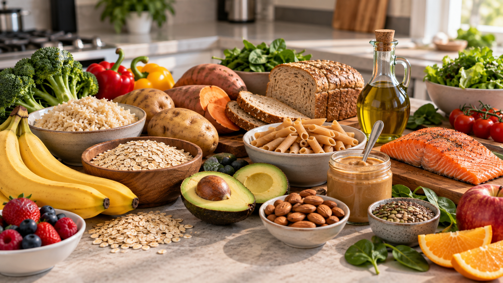 Muscle building nutrition guide for beginners showing carbohydrate foods, healthy fats, fruits, and nutrient-dense whole foods.