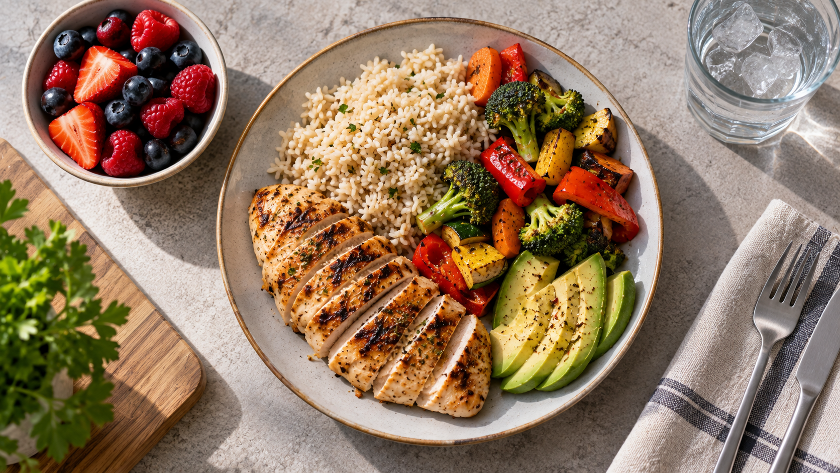 Muscle building nutrition guide for beginners showing a balanced meal with protein, carbohydrates, vegetables, fruit, and healthy fat.