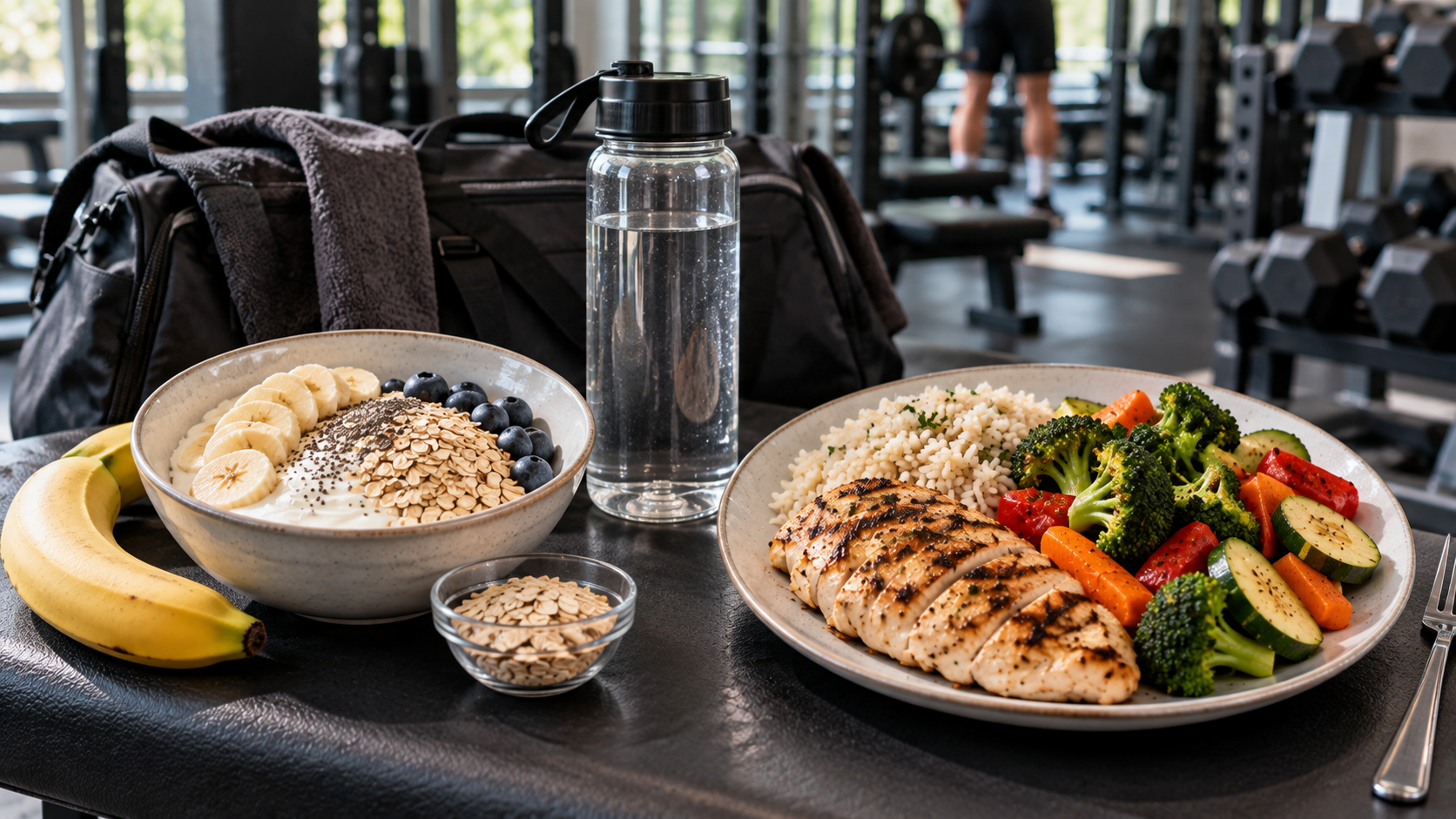 Muscle building nutrition guide for beginners showing practical protein and carbohydrate meals before and after resistance training.