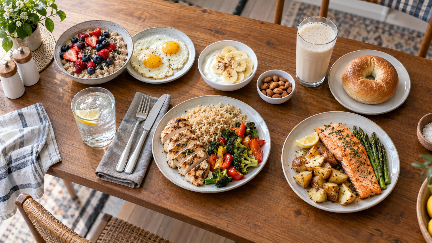 Muscle building nutrition guide for beginners showing a simple full-day meal plan with protein, carbohydrates, healthy fats, fruit, and vegetables.