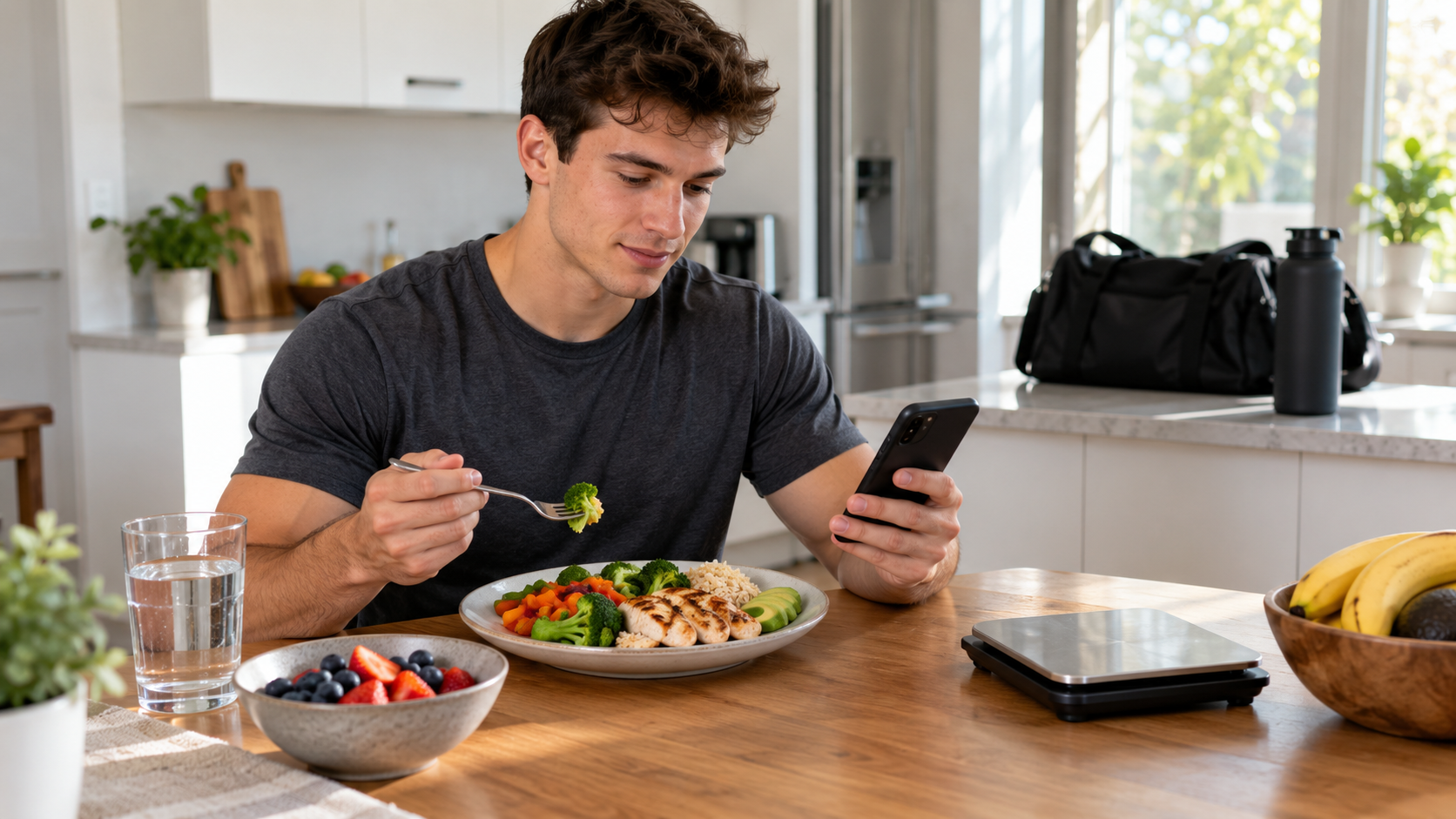 How many calories should beginners eat to build muscle meal planning with a beginner lifter, balanced meal, food scale, and nutrition tracker.