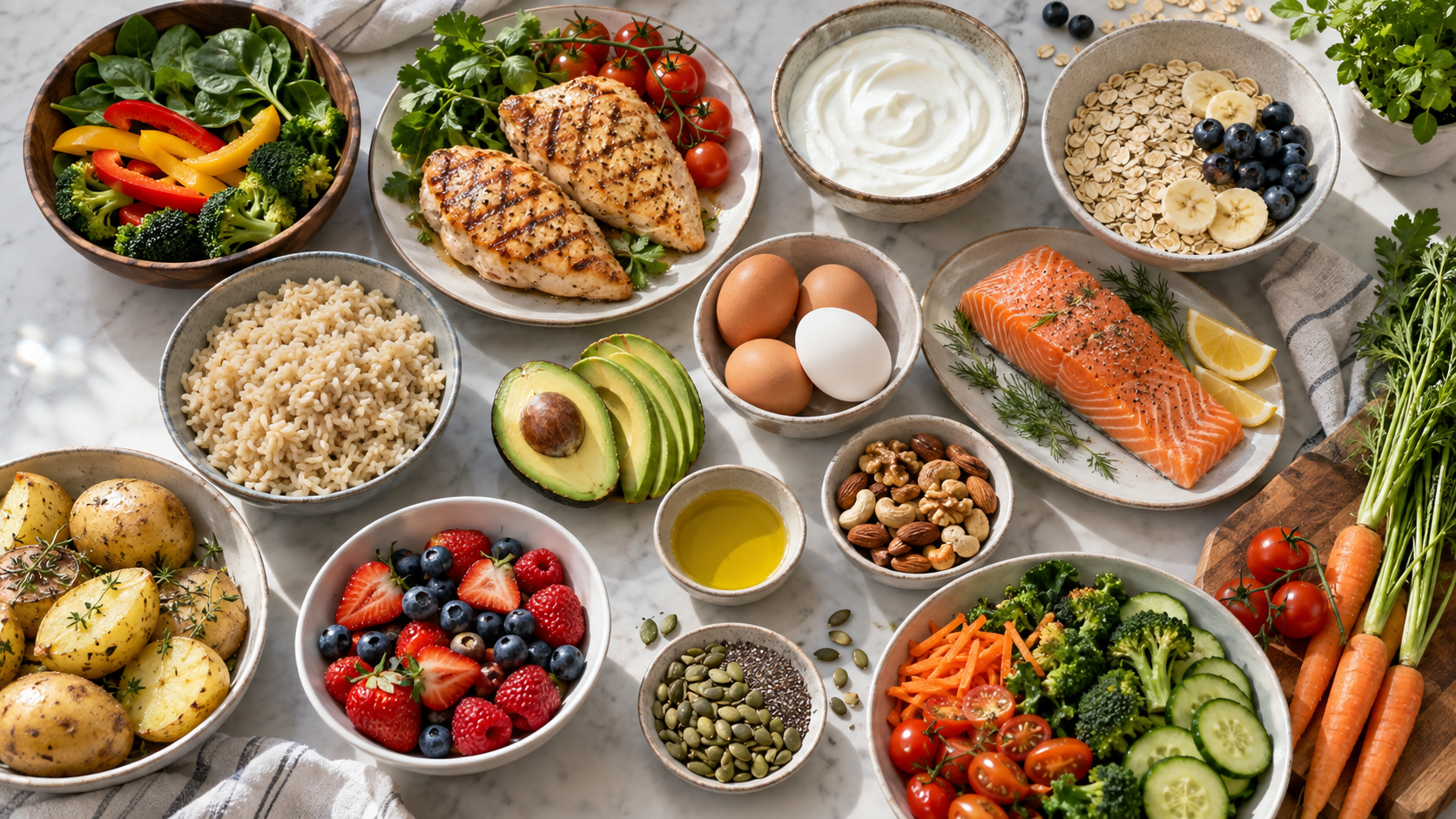 How many calories should beginners eat to build muscle with balanced protein, carbohydrate, healthy fat, fruit, and vegetable food sources.