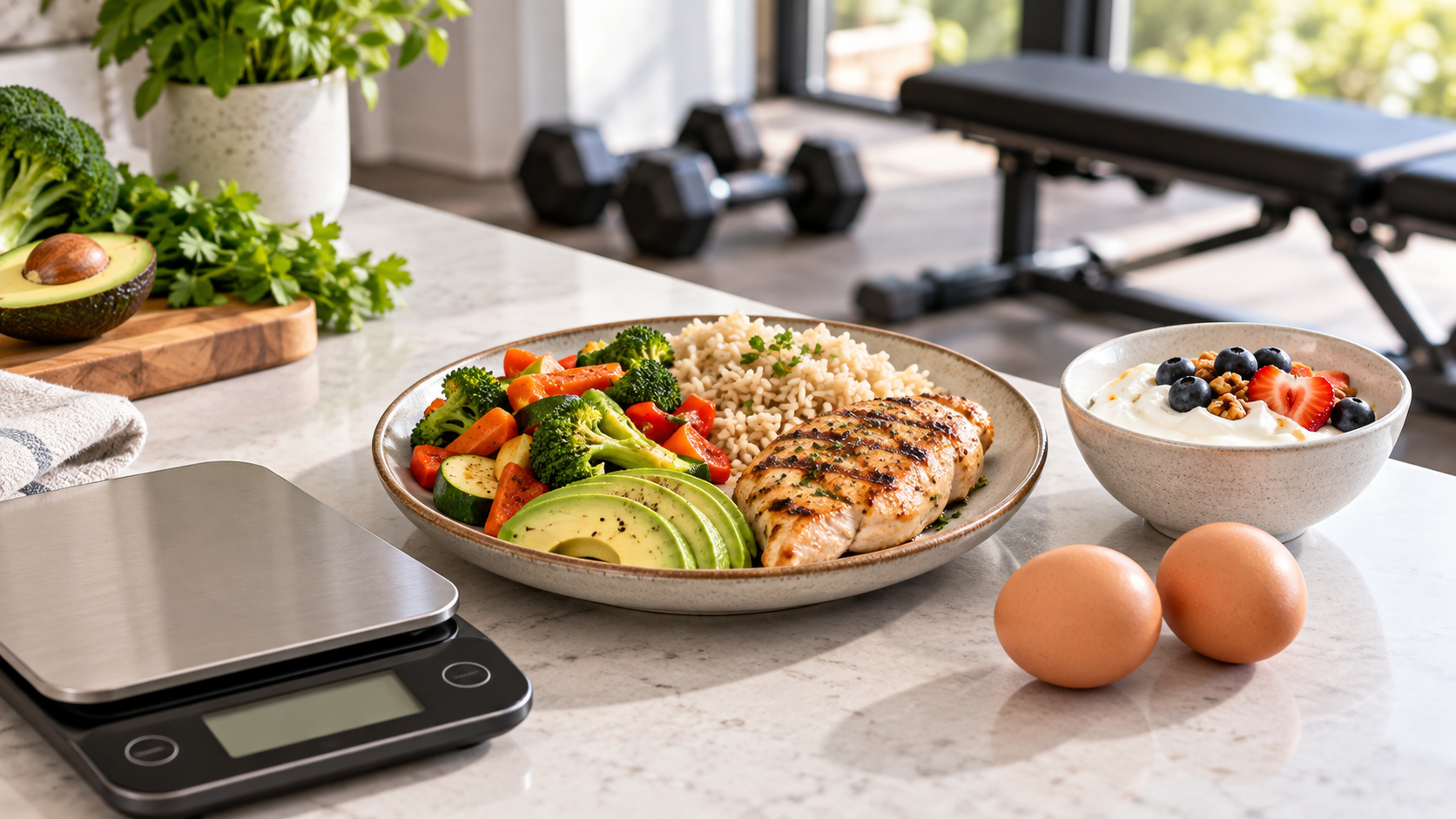 How much protein for beginners can come from balanced high-protein foods alongside resistance training equipment