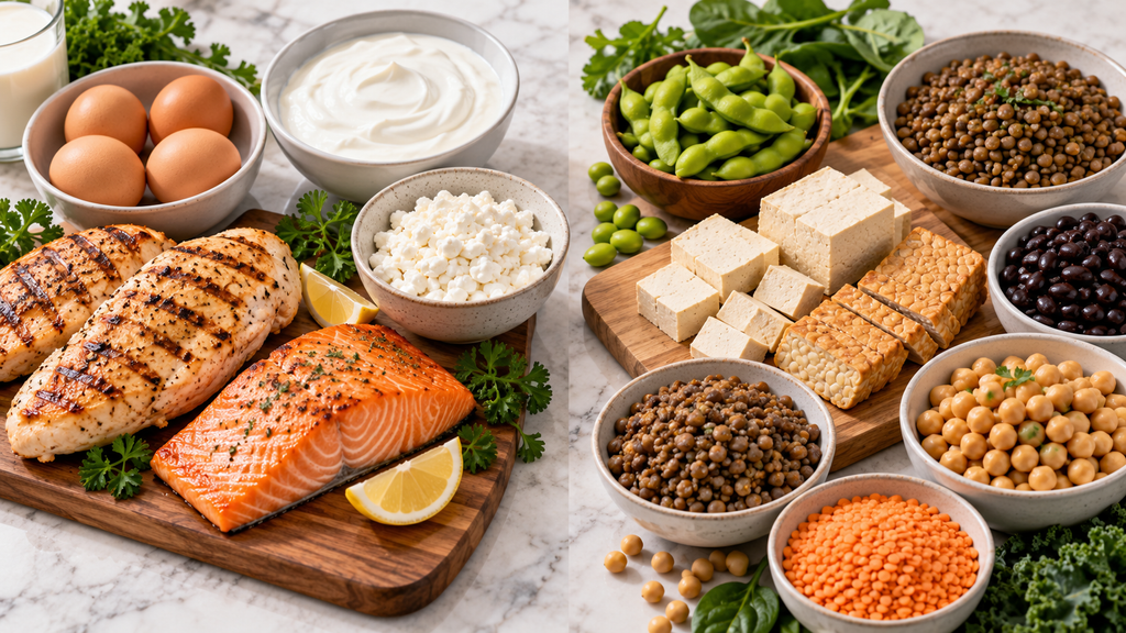 How much protein for beginners can come from both animal and plant protein sources in a balanced diet