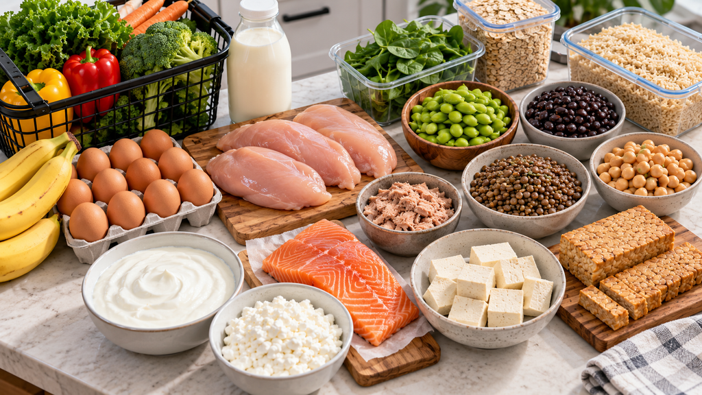 How much protein for beginners can come from affordable grocery foods such as chicken, eggs, dairy, tofu and legumes