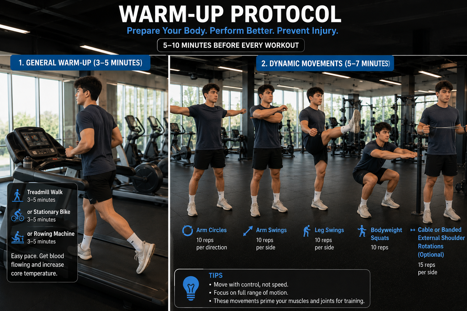 Beginner Bodybuilding Workout Plan warm-up showing light cardio and dynamic movement before resistance training.
