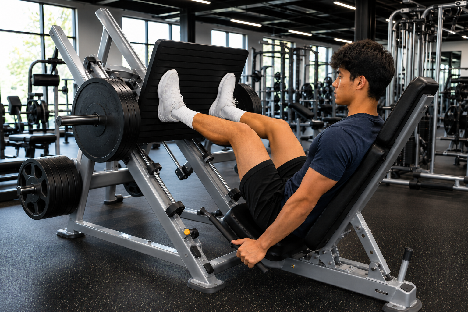 Beginner Bodybuilding Workout Plan Full Body Workout A showing proper controlled technique on the leg press.