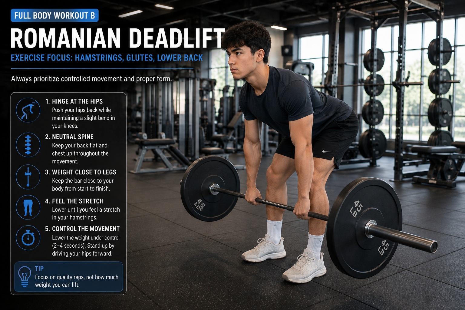 Beginner Bodybuilding Workout Plan Full Body Workout B showing a controlled Romanian deadlift for hamstring training.