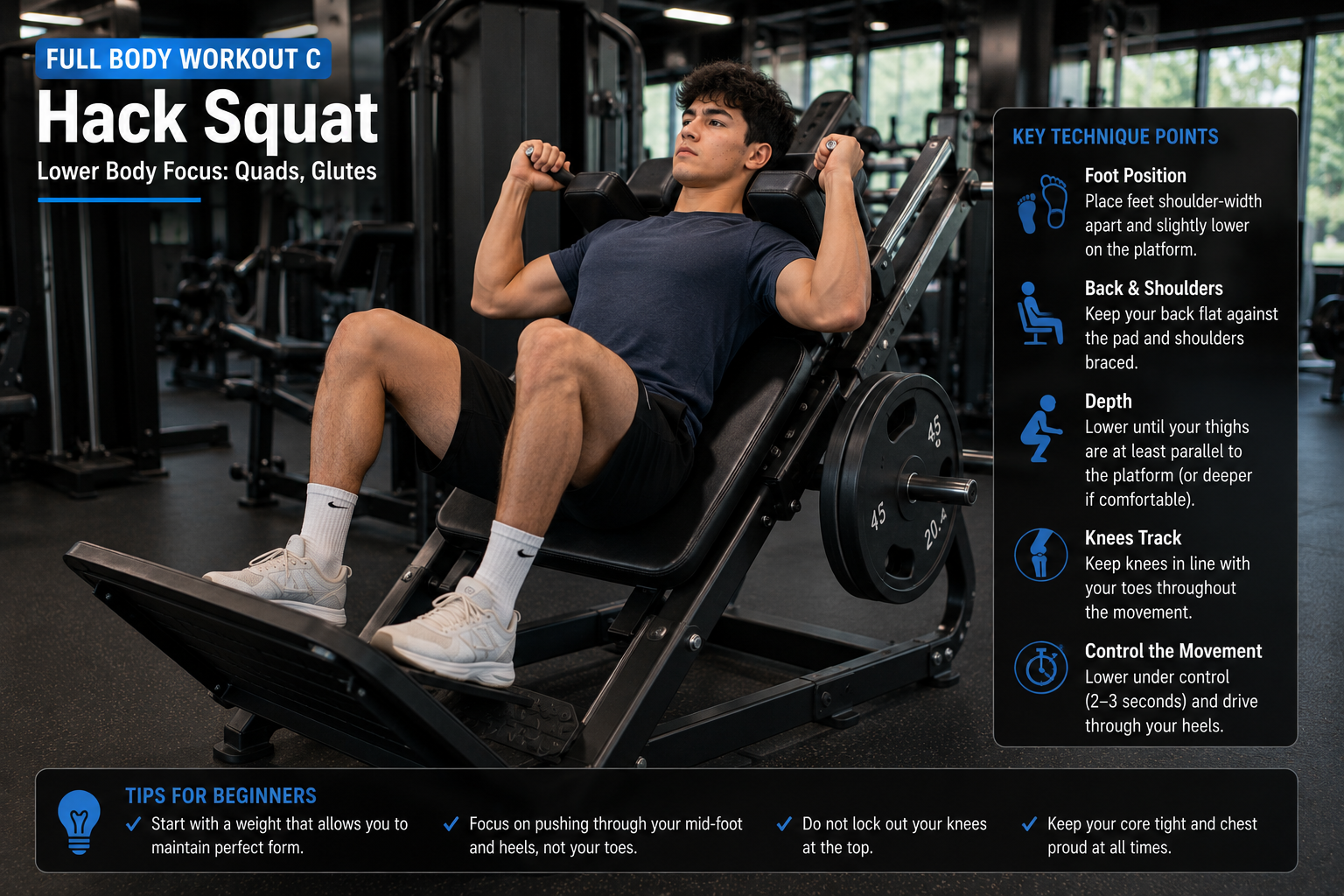 Beginner Bodybuilding Workout Plan Full Body Workout C showing a beginner performing a controlled hack squat.
