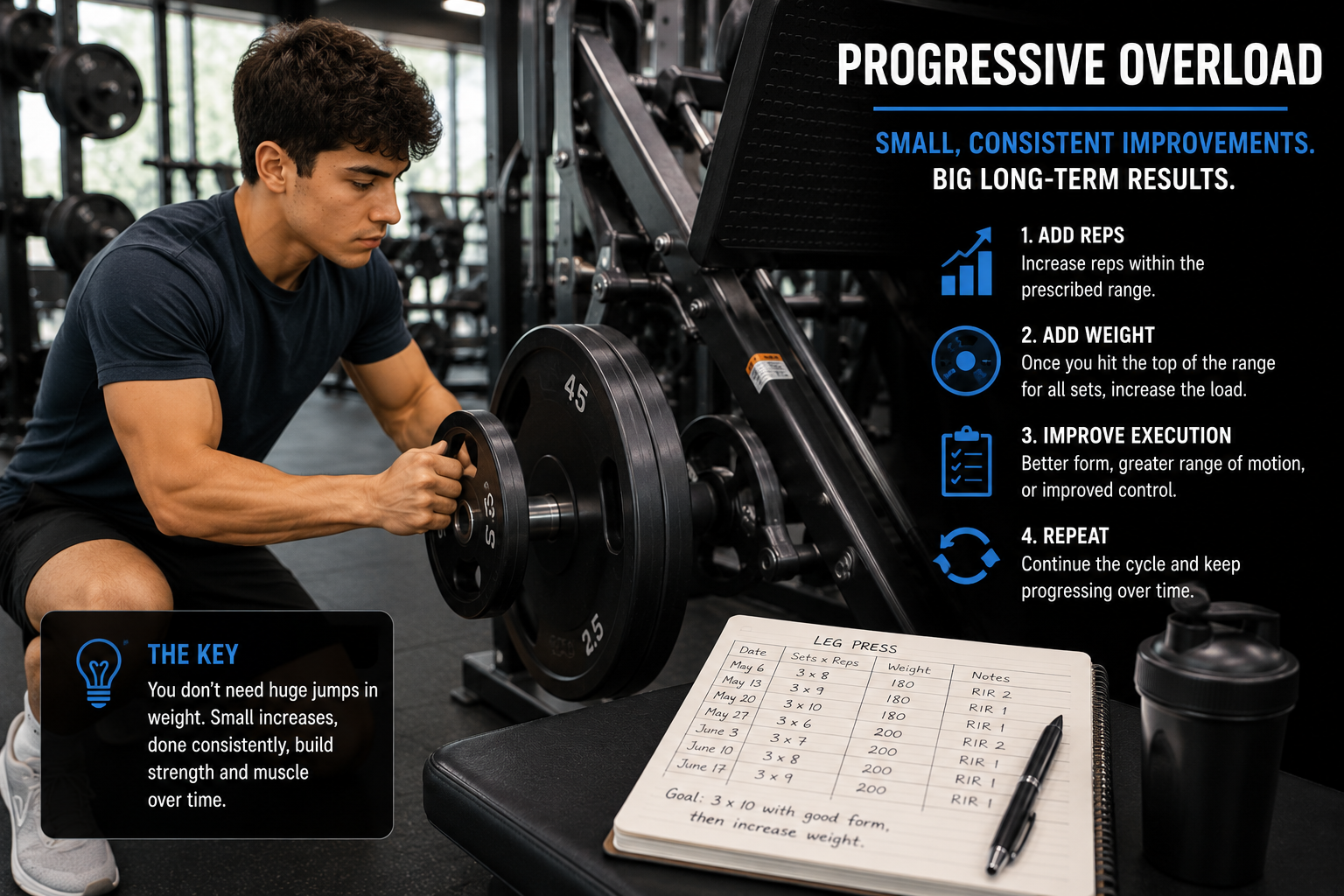 Beginner Bodybuilding Workout Plan illustrating progressive overload by gradually increasing training resistance over time.