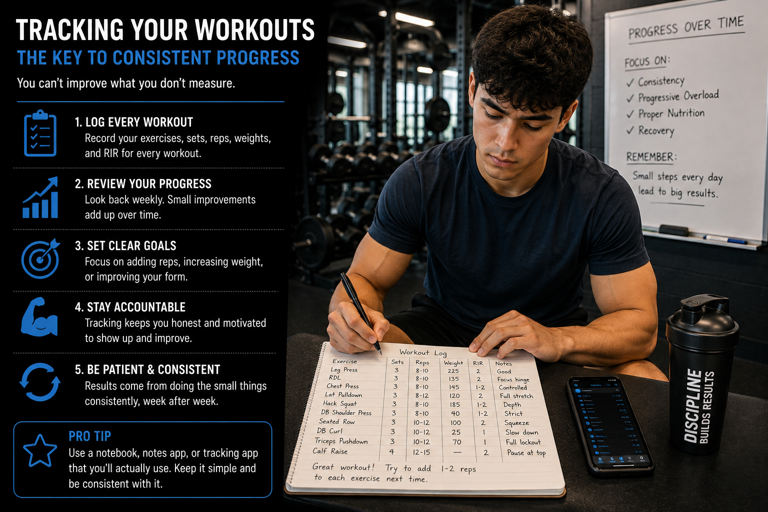 Beginner Bodybuilding Workout Plan progress tracking with a workout log, bodyweight scale, measuring tape, and progress photos.