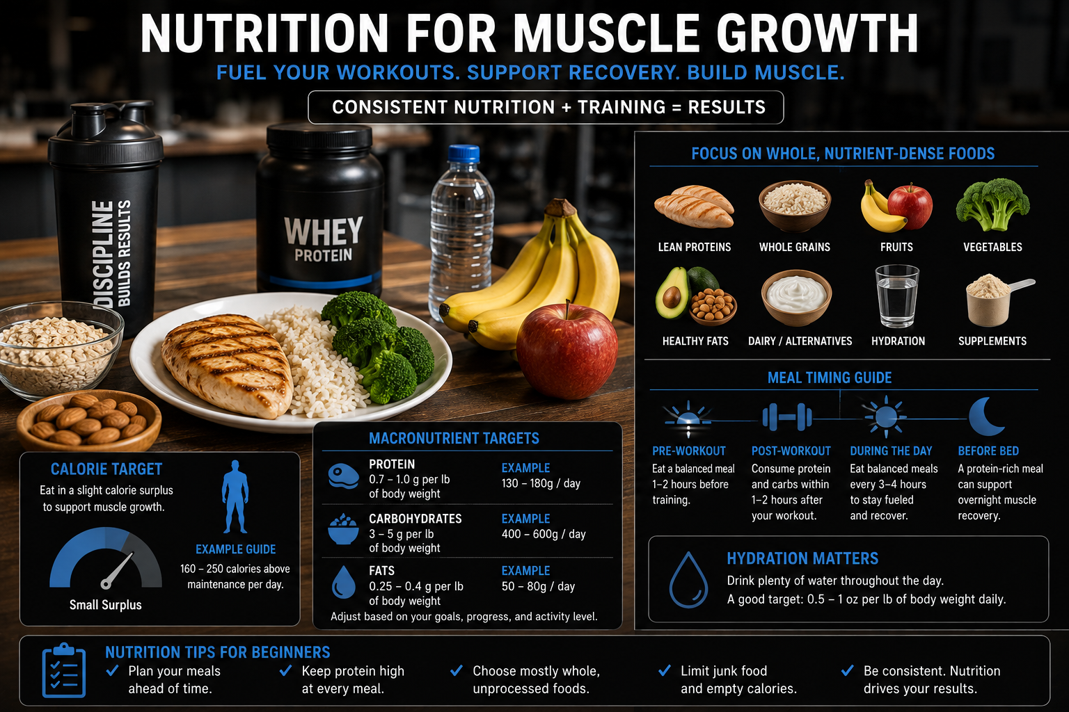 Beginner Bodybuilding Workout Plan nutrition with a balanced meal containing protein, carbohydrates, vegetables, and healthy fats.