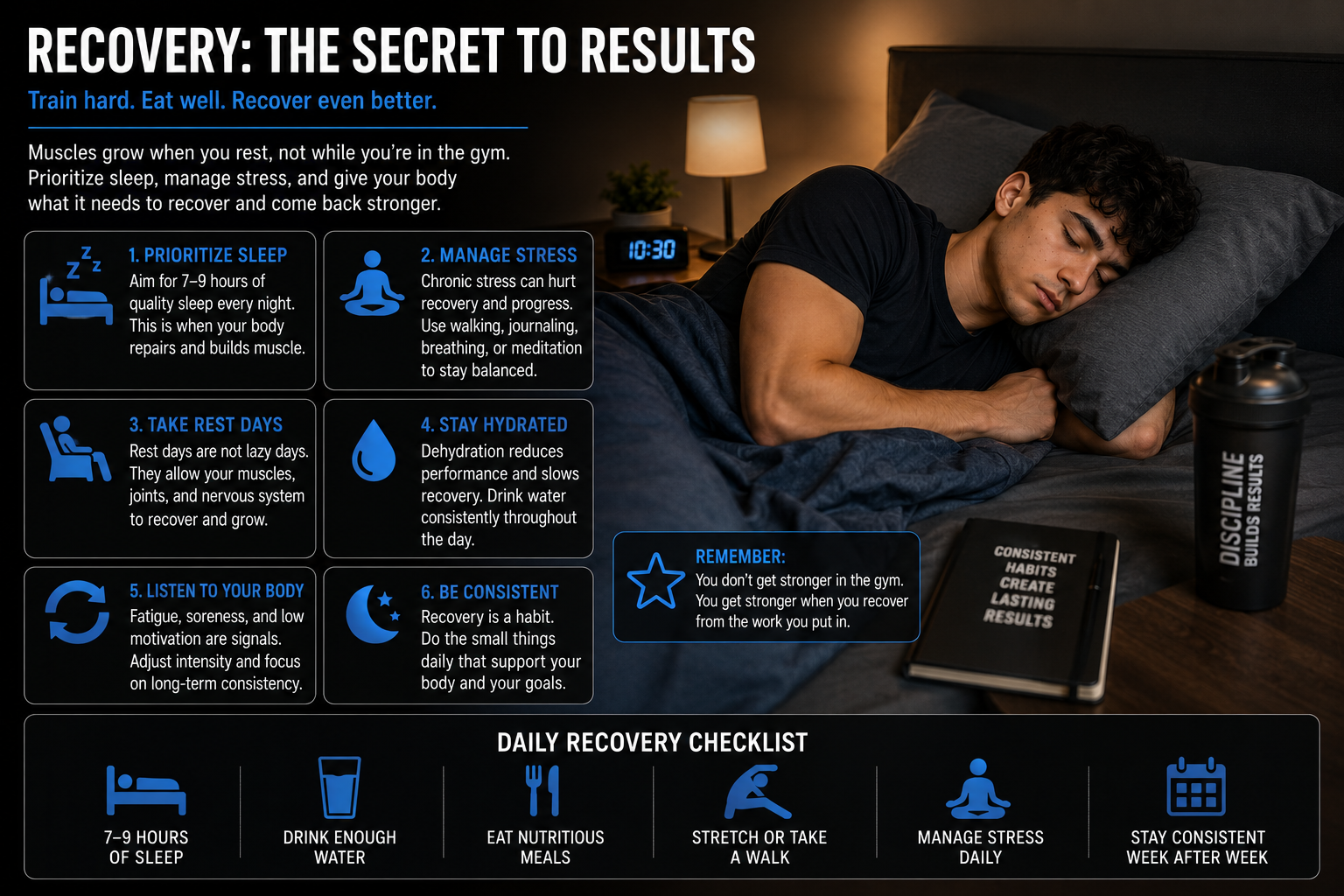 Beginner Bodybuilding Workout Plan recovery showing sleep, hydration, and rest supporting consistent resistance training.
