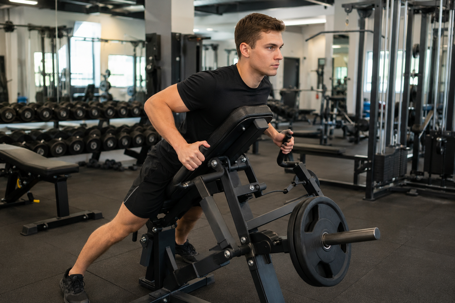 Beginner Bodybuilding Workout Plan demonstrating controlled resistance-training technique during a machine exercise.
