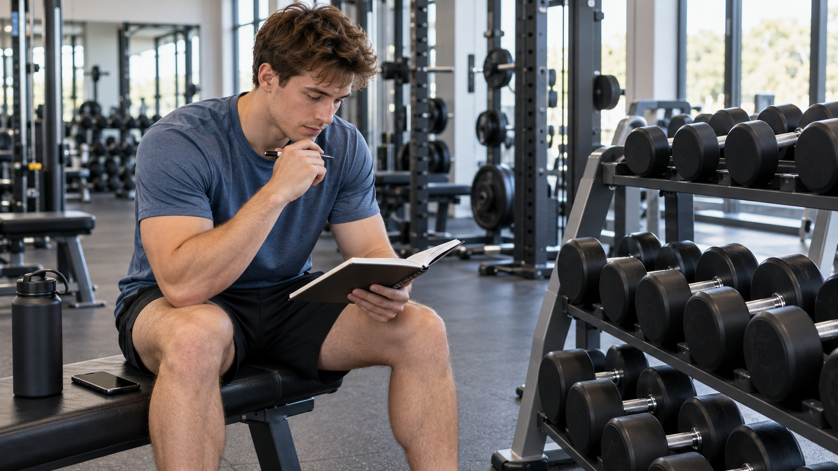 Beginner reviewing a workout log before adding weight to show how to implement progressive overload for beginners.
