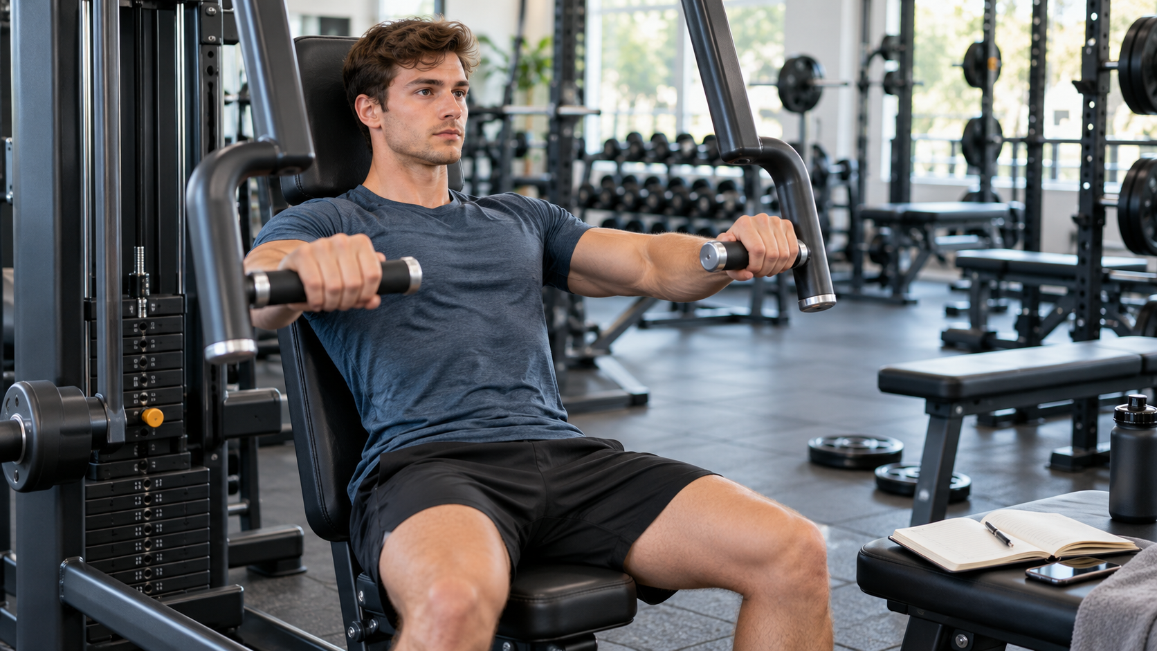 Beginner lifter tracking a controlled machine chest press to show how to implement progressive overload for beginners.