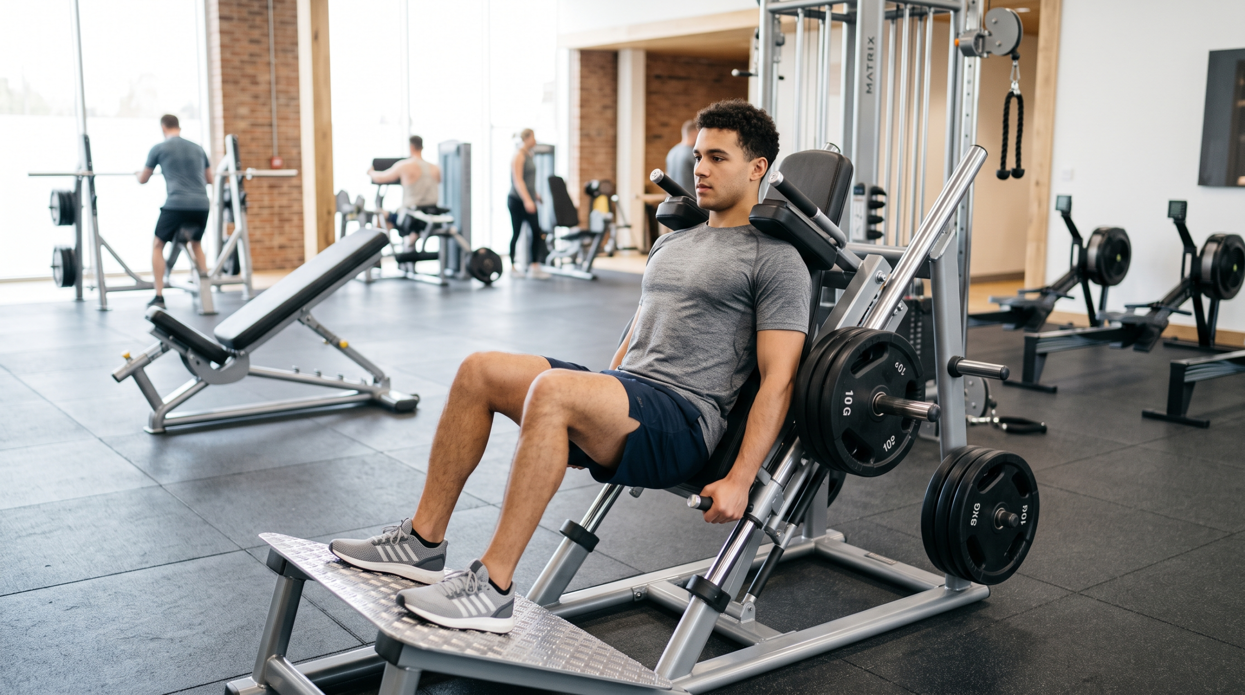 3 day workout schedule for beginners showing a hack squat during Full Body Workout B
