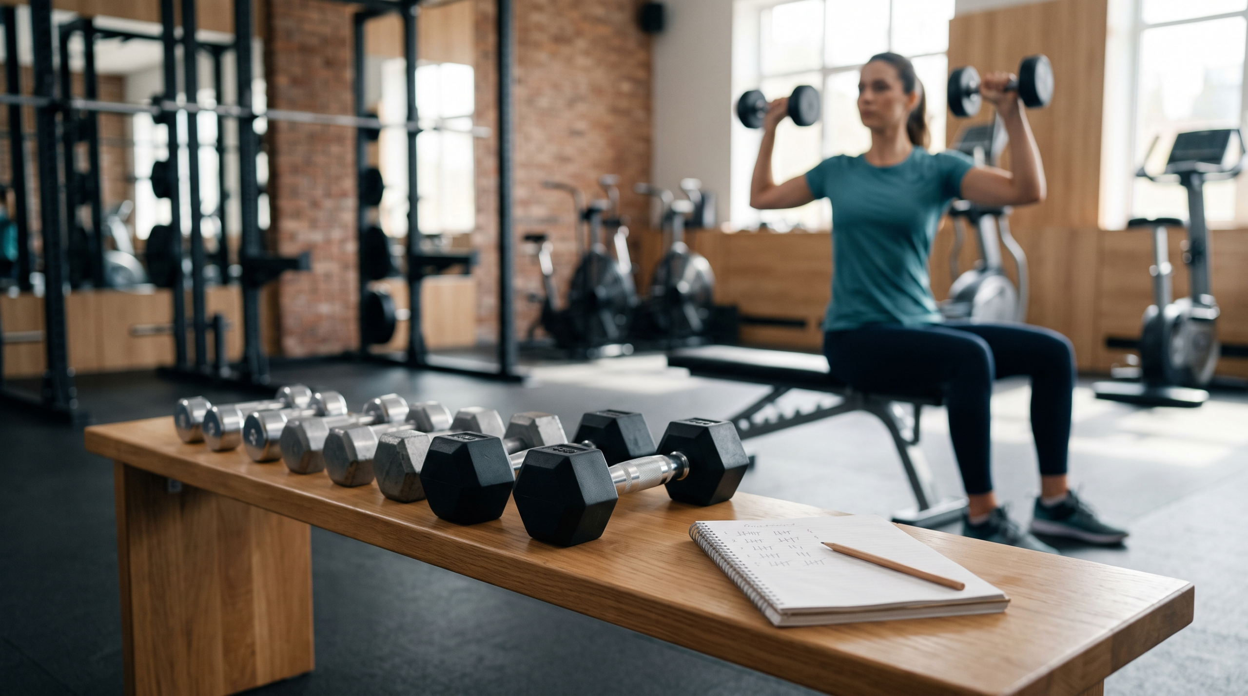 3 day workout schedule for beginners illustrating progressive overload with gradually heavier dumbbells and workout tracking