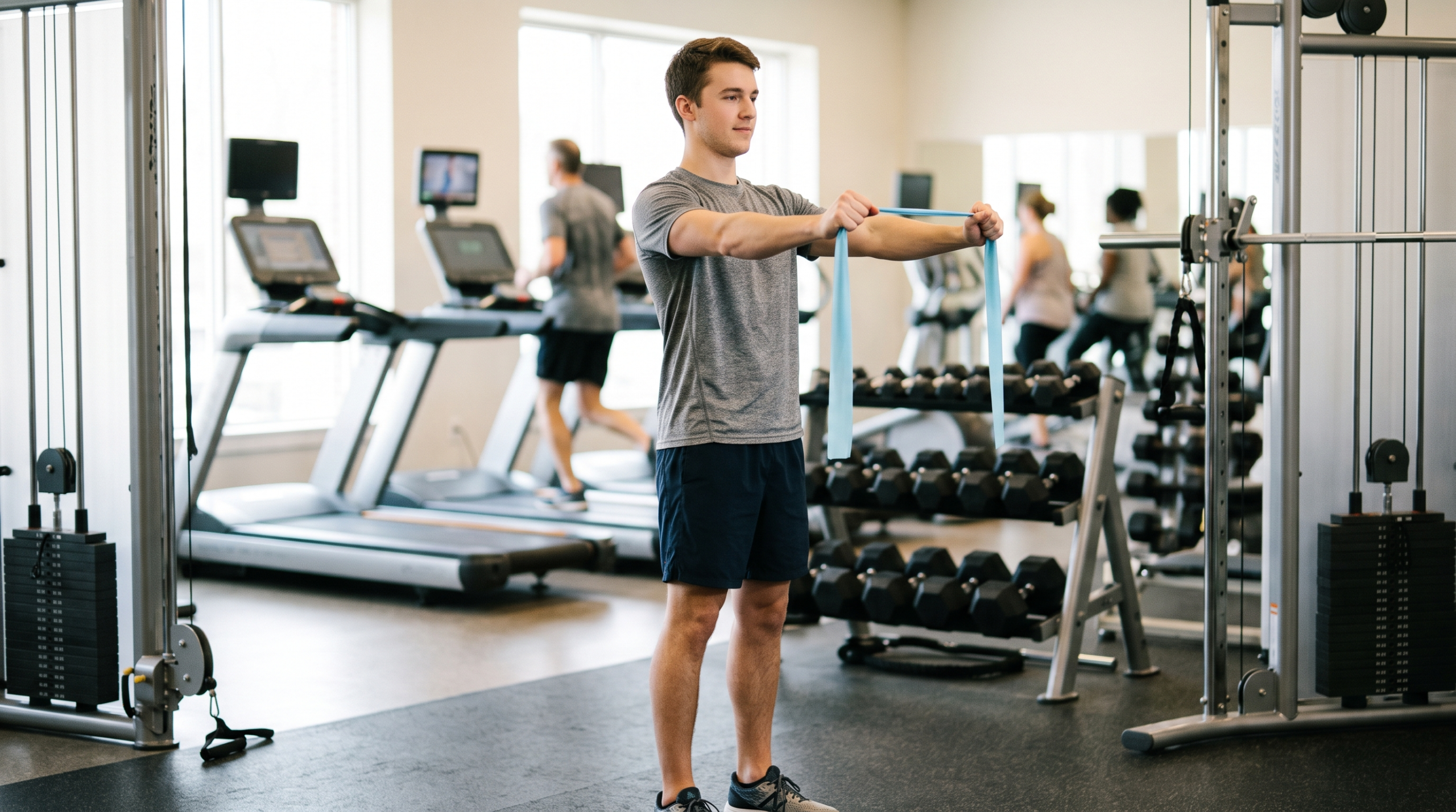 3 day workout schedule for beginners showing a light band pull-apart during the dynamic warm-up