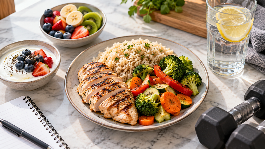 Muscle Recovery Tips for Beginners: balanced recovery meal with protein, carbohydrates, vegetables, fruit, yogurt, and water.