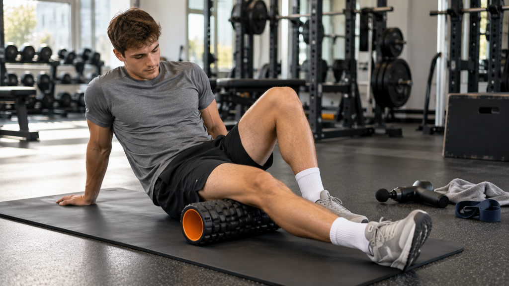 Muscle Recovery Tips for Beginners: beginner lifter using a foam roller with optional recovery tools nearby.