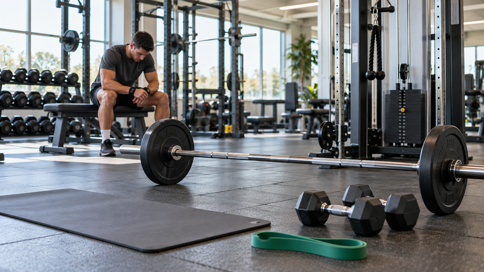 Barbells, dumbbells, machines, cables and bands showing how to implement progressive overload for beginners with different equipment.