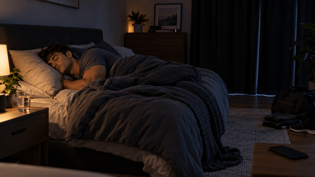 Muscle Recovery Tips for Beginners: young adult beginner lifter sleeping in a dark, quiet bedroom after resistance training.