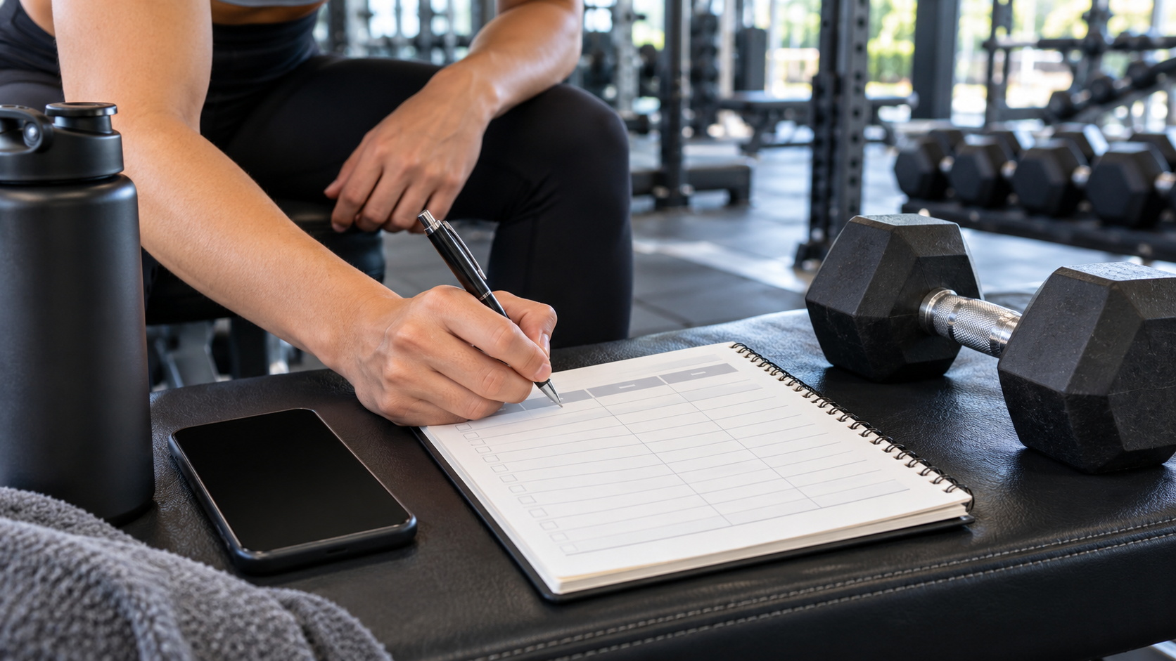 Workout log and gym equipment showing how to implement progressive overload for beginners by tracking weight, reps and RIR.