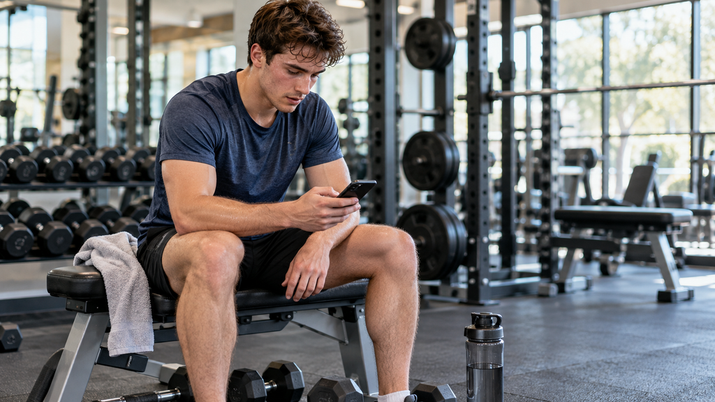 Muscle Recovery Tips for Beginners: beginner lifter resting between sets and checking a workout log in a commercial gym.
