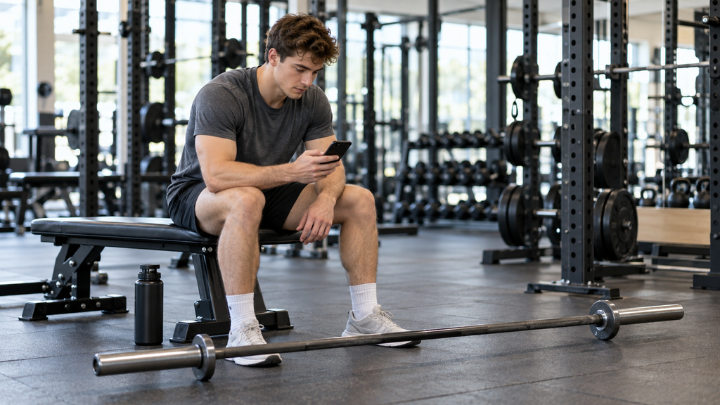 Muscle Recovery Tips for Beginners: beginner lifter checking recovery and performance during a light warm-up in the gym.