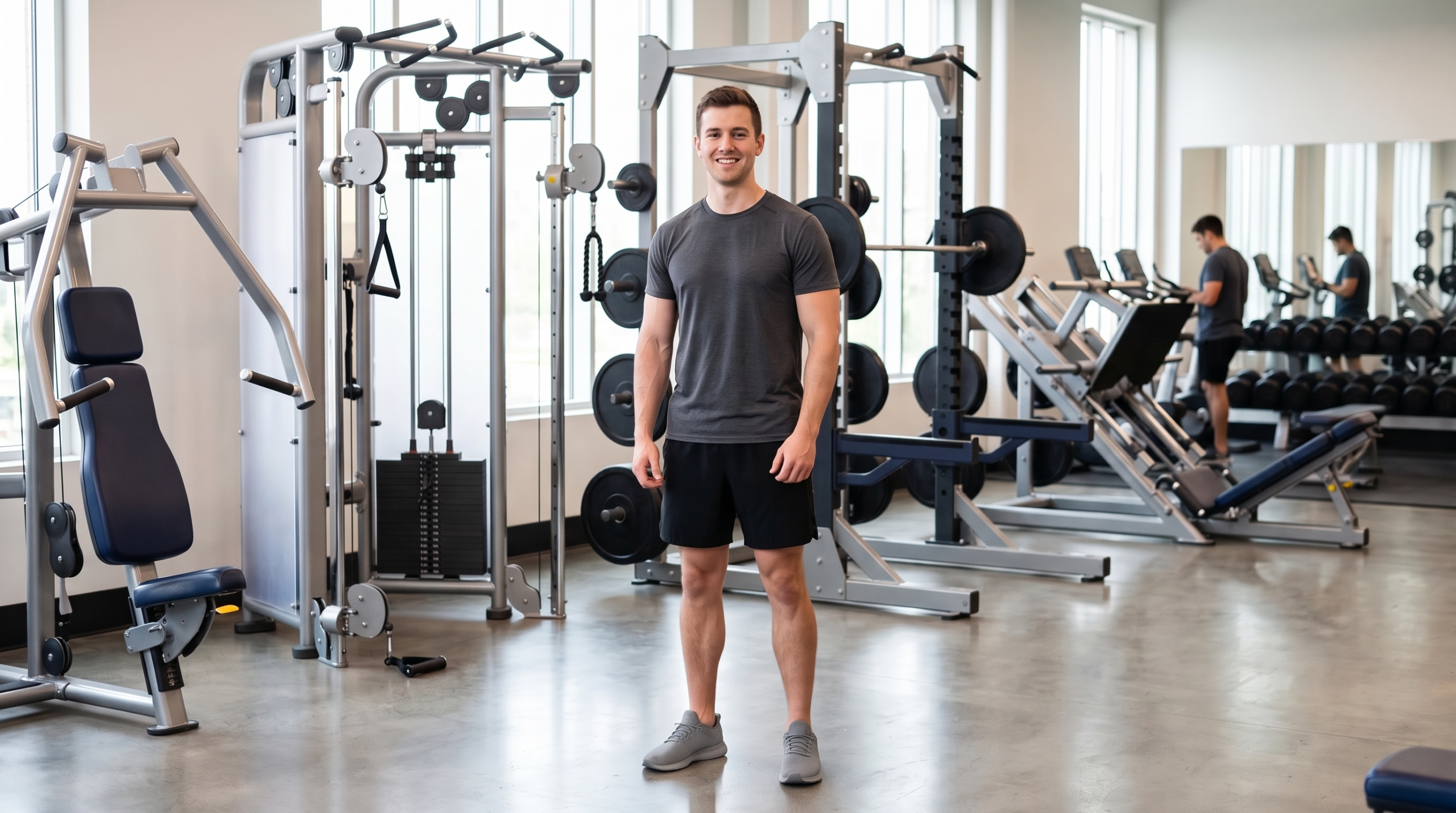 4 Day Workout Routine For Beginners in a modern gym with upper- and lower-body resistance training equipment.