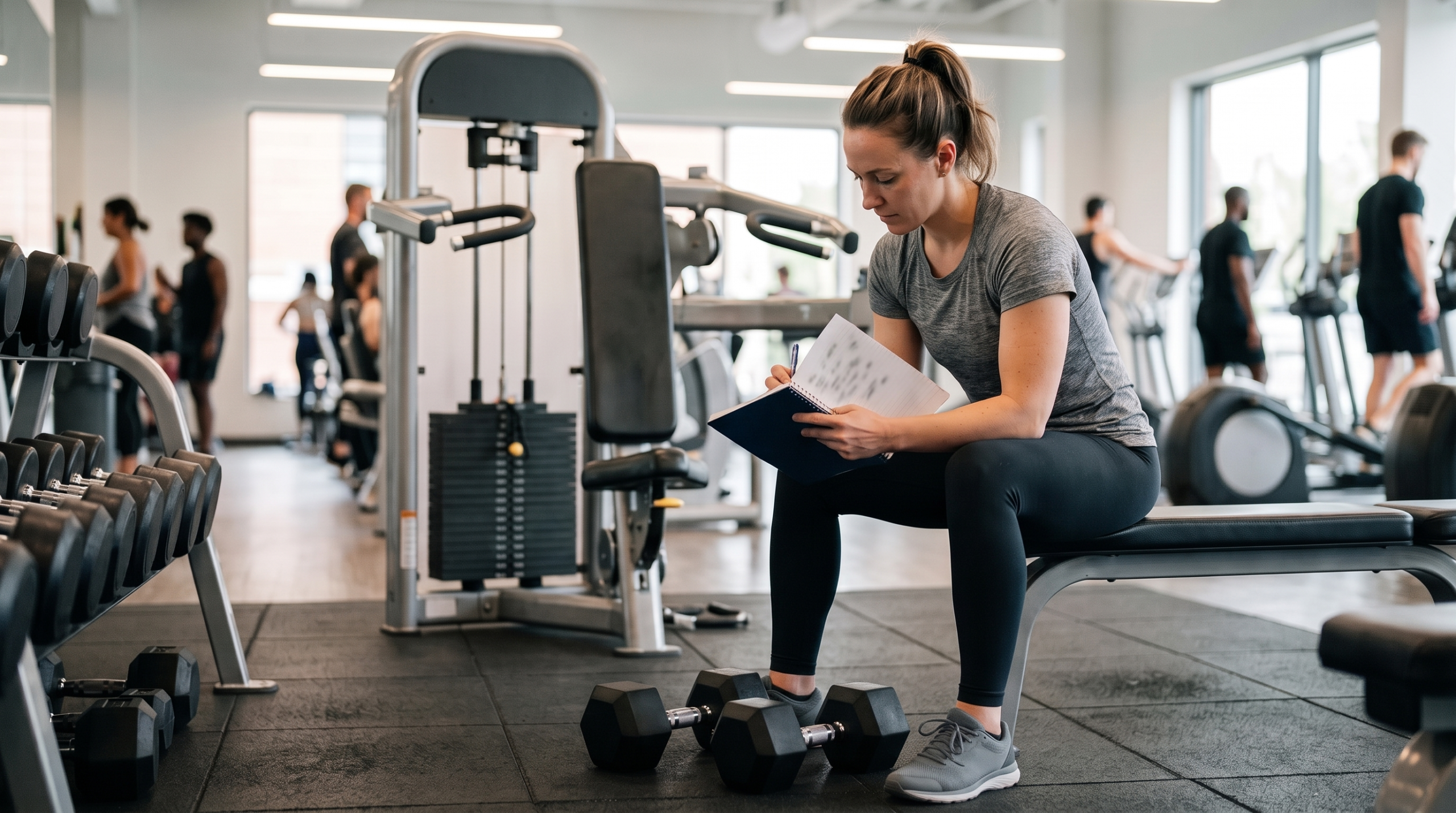 4 Day Workout Routine For Beginners progression tracking with a lifter recording workout weights and repetitions.