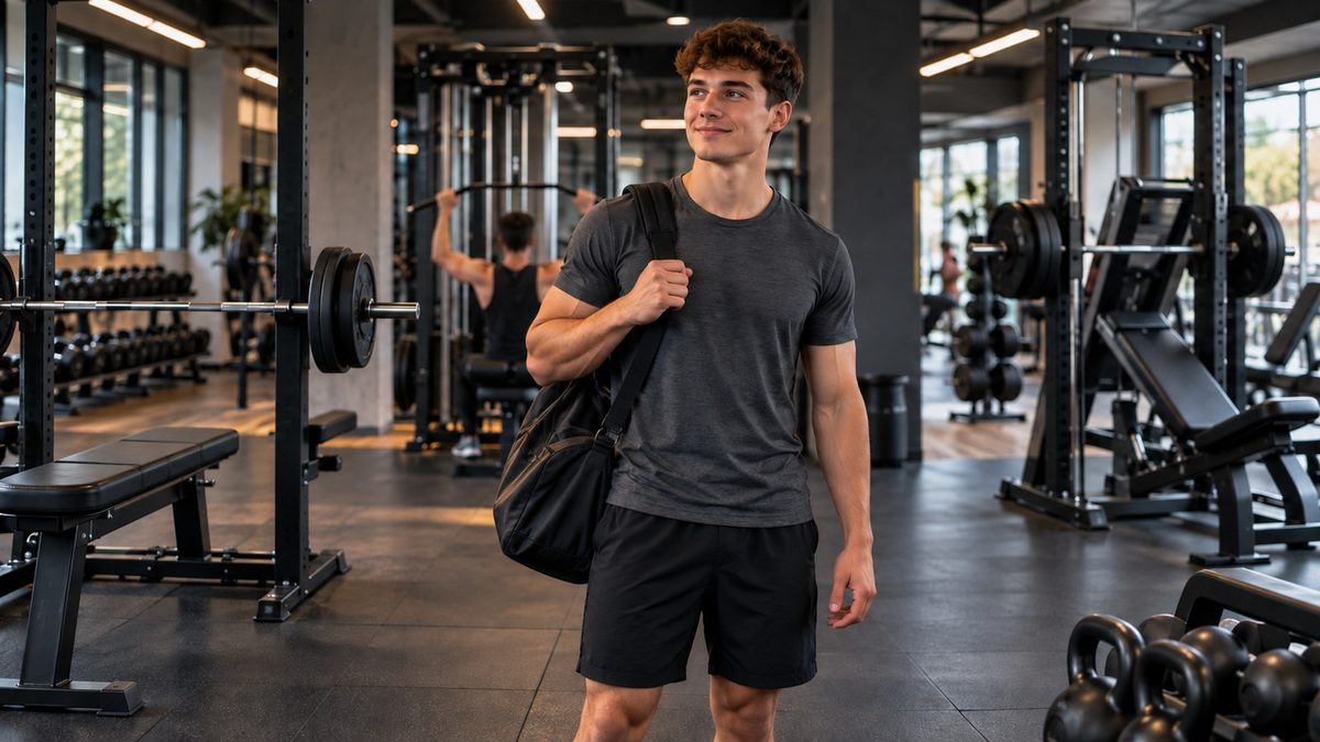 Push Pull Legs Workout For Beginners with a beginner lifter surrounded by push, pull, and leg training equipment in a modern gym