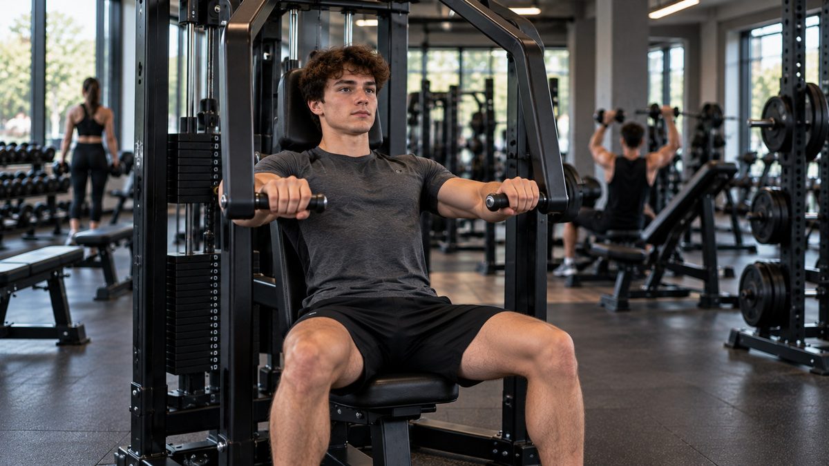 Push Pull Legs Workout For Beginners push day with a beginner performing a controlled machine chest press for chest, shoulders, and triceps