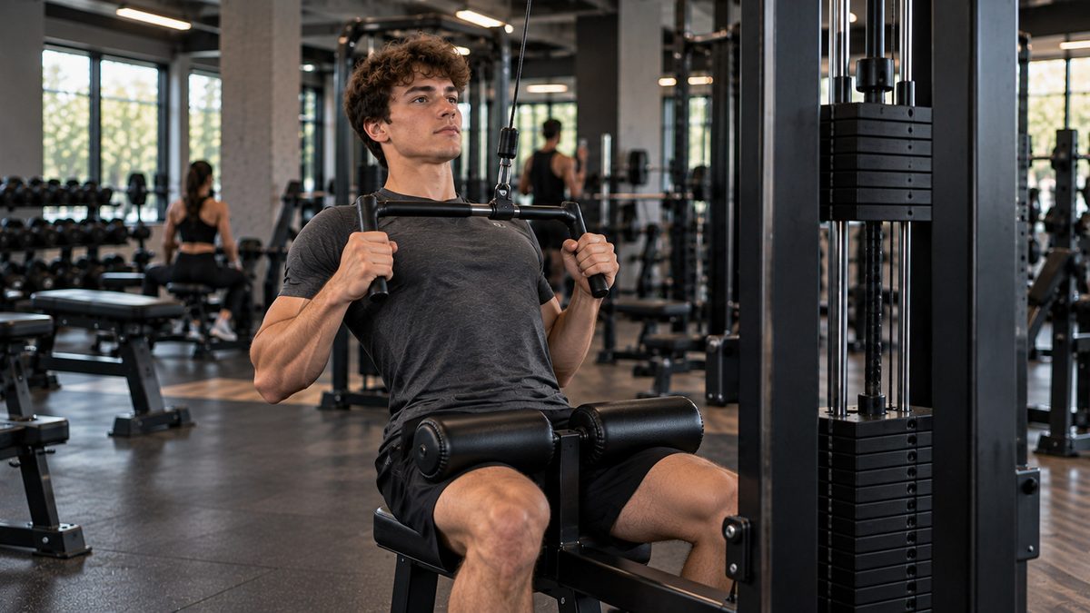 Push Pull Legs Workout For Beginners pull day with a beginner performing a controlled neutral-grip lat pulldown for the back and biceps