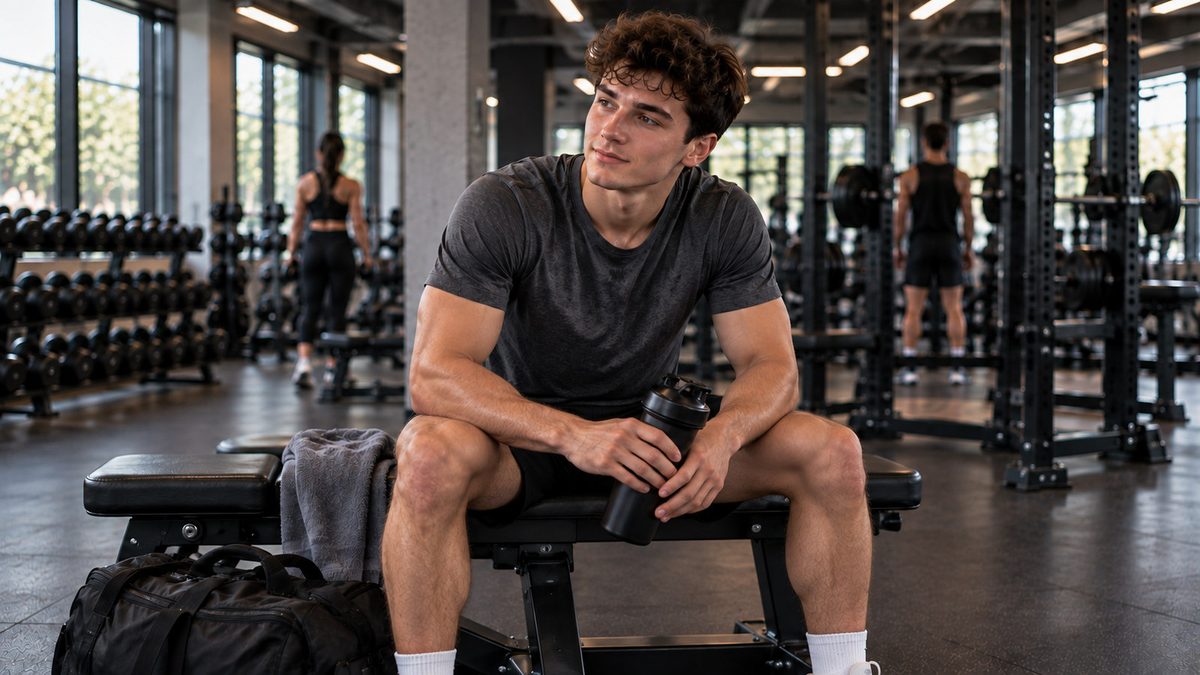 Push Pull Legs Workout For Beginners recovery scene showing a beginner resting and hydrating after resistance training