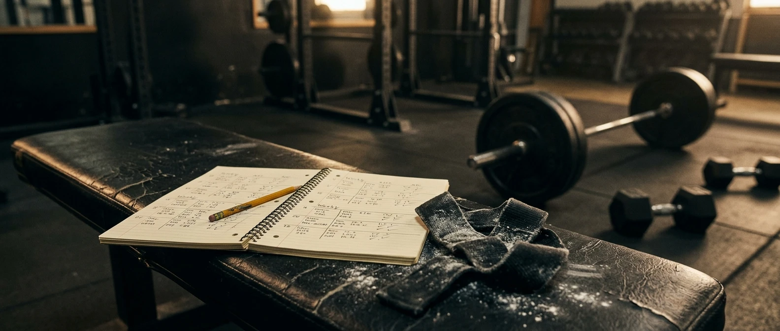 How to build a bodybuilding program: open training notebook with a handwritten 4-day split on a gym bench, with a barbell and dumbbells behind it